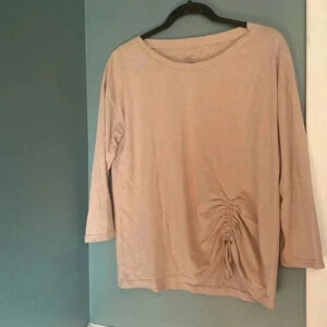 Garnet Hill beige women’s 3/4 sleeve cotton shirt - front rouge tie - like new-M
